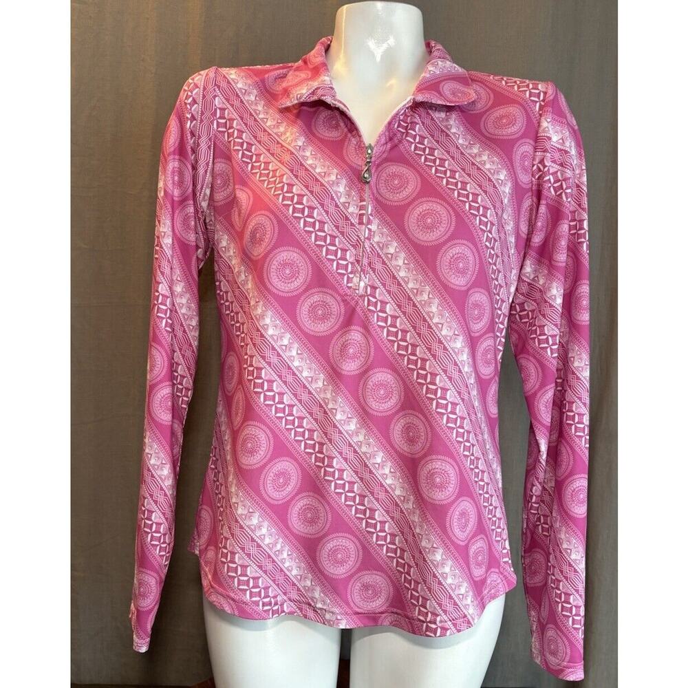 Sans Soleil Ladies UV 50 Flo pink white print athletic Shirt long sleeve Small
